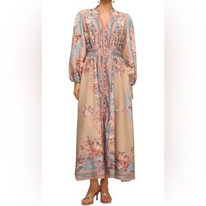 Pink and Blue V-Neck Long Sleeve Maxi Dress NWT